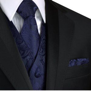 Men's Formal Wedding Prom Homecoming Tuxedo Vest Tie Hankie set - Navy Paisley